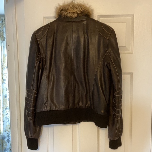 Chocolate Brown Leather Bomber Jacket w Fur Collar - Picture 2 of 10
